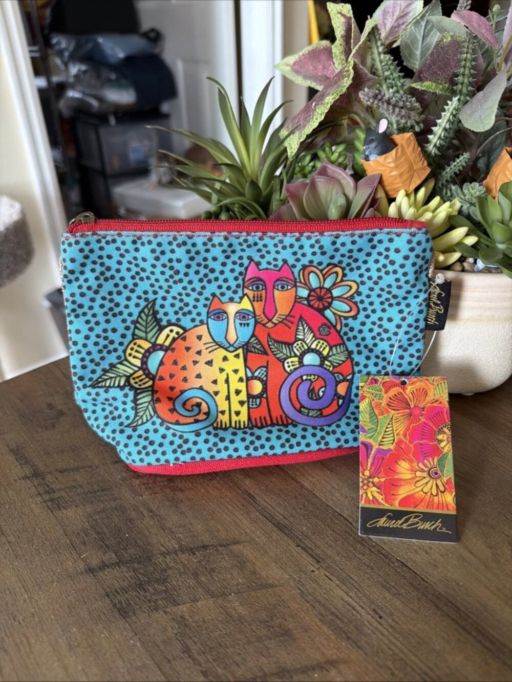 Laurel Burch Feline Clan Cosmetic Bag - Turquoise With Polka Dots - 7x4 - NWT